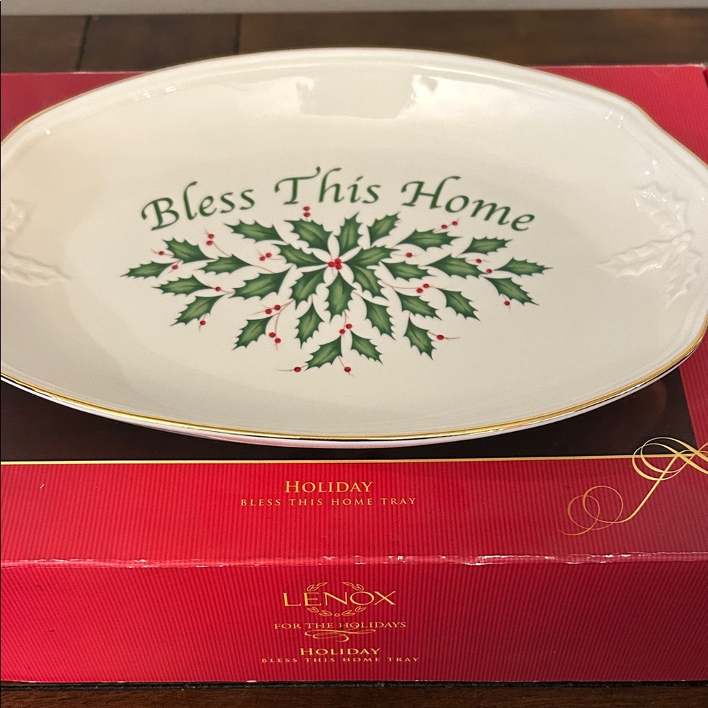 Lenox Holiday Tray with Green Holly and Red Accents